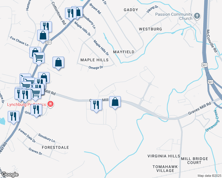 map of restaurants, bars, coffee shops, grocery stores, and more near 1604 Graves Mill Road in Lynchburg