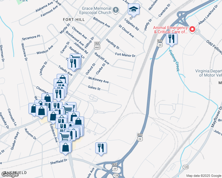 map of restaurants, bars, coffee shops, grocery stores, and more near 4906 Dodd Street in Lynchburg