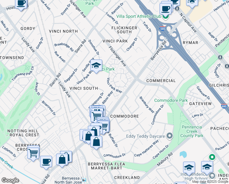 map of restaurants, bars, coffee shops, grocery stores, and more near 1146 Whirlow Place in San Jose