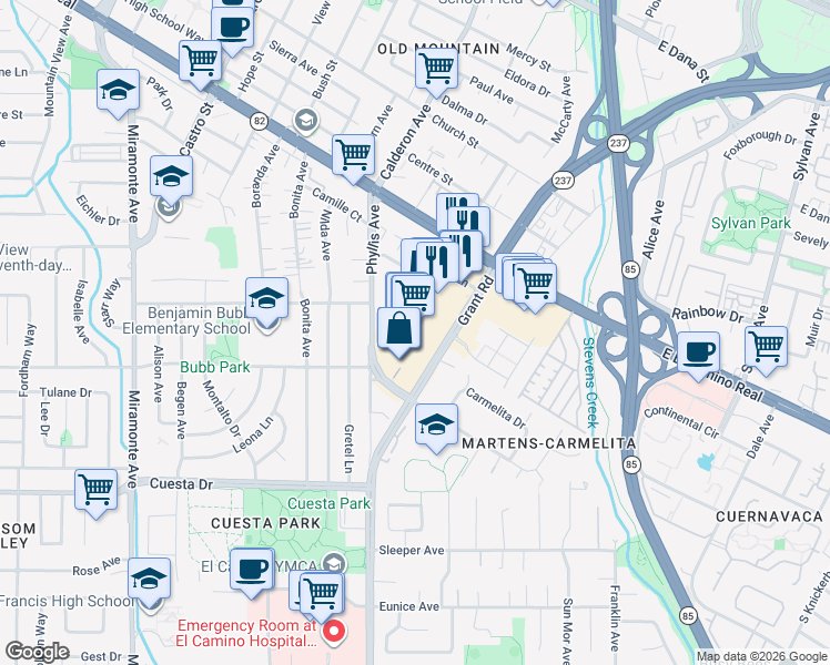 map of restaurants, bars, coffee shops, grocery stores, and more near 1250 Grant Road in Mountain View