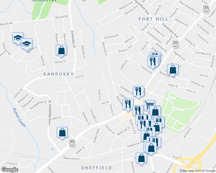 map of restaurants, bars, coffee shops, grocery stores, and more near 1112 Moseley Drive in Lynchburg