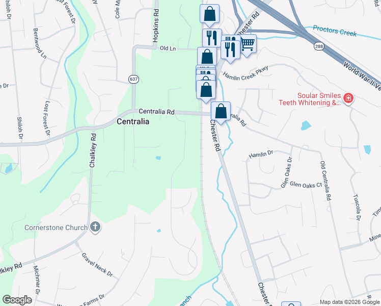 map of restaurants, bars, coffee shops, grocery stores, and more near 10301 Centralia Station in Chester