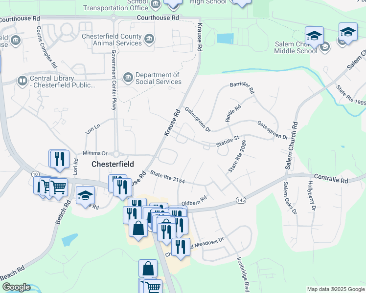 map of restaurants, bars, coffee shops, grocery stores, and more near 6401 Statute Street in Chesterfield