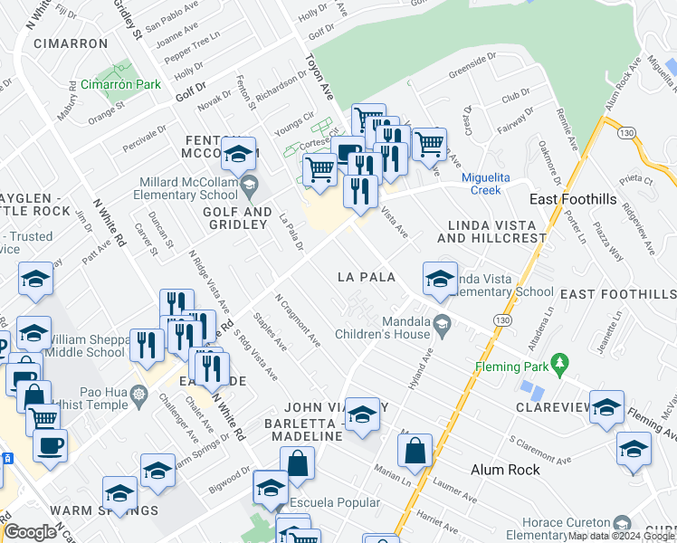 map of restaurants, bars, coffee shops, grocery stores, and more near 270 La Pala Drive in San Jose