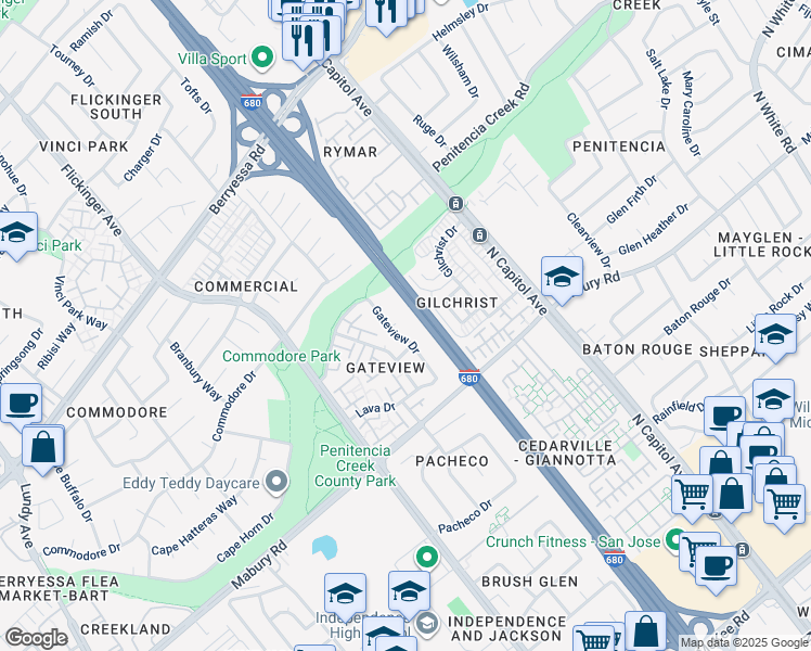map of restaurants, bars, coffee shops, grocery stores, and more near 830 Antero Court in San Jose