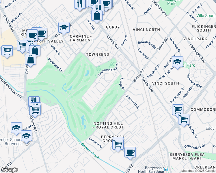map of restaurants, bars, coffee shops, grocery stores, and more near 1719 Parkview Green Circle in San Jose
