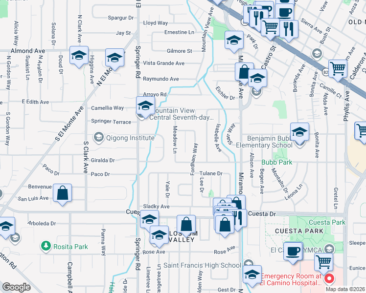 map of restaurants, bars, coffee shops, grocery stores, and more near 1529 Meadow Lane in Mountain View