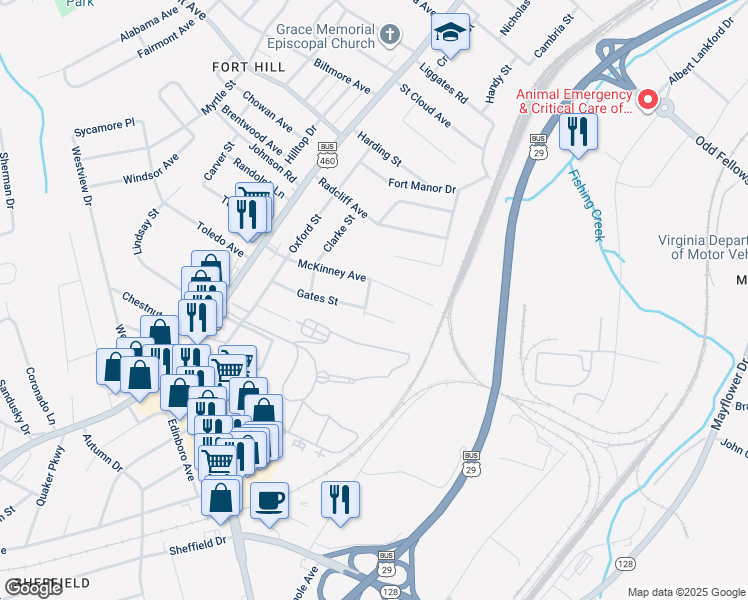 map of restaurants, bars, coffee shops, grocery stores, and more near 4906 Dodd Street in Lynchburg