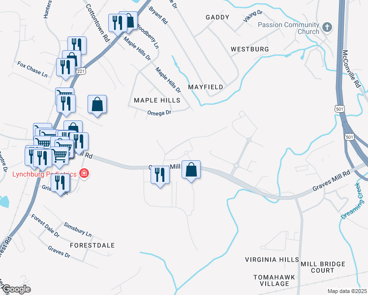 map of restaurants, bars, coffee shops, grocery stores, and more near 1614 Graves Mill Road in Lynchburg