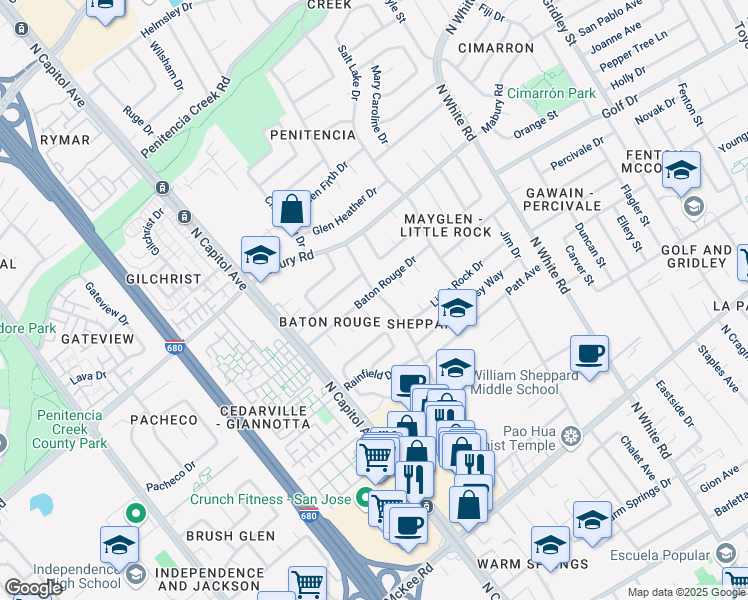map of restaurants, bars, coffee shops, grocery stores, and more near 645 Rough and Ready Road in San Jose