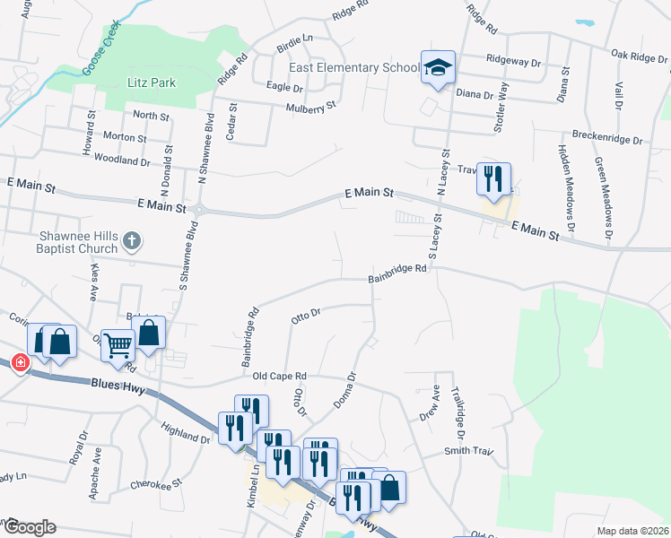 map of restaurants, bars, coffee shops, grocery stores, and more near 2040 Bainbridge Road in Jackson