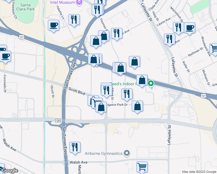 map of restaurants, bars, coffee shops, grocery stores, and more near 3100 Alfred Street in Santa Clara