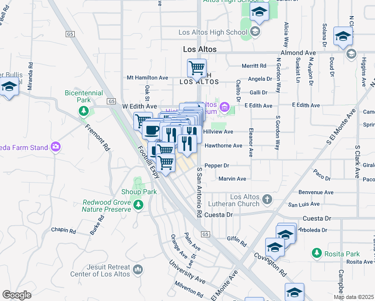 map of restaurants, bars, coffee shops, grocery stores, and more near 253 3rd Street in Los Altos