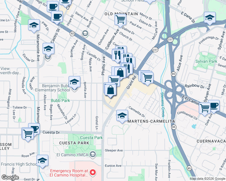 map of restaurants, bars, coffee shops, grocery stores, and more near 1250 Grant Road in Mountain View