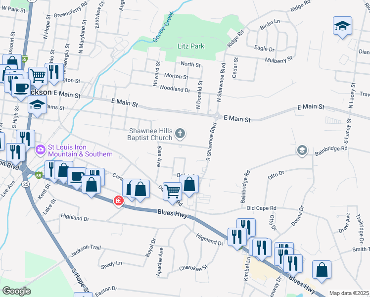 map of restaurants, bars, coffee shops, grocery stores, and more near 1205 Brandom Street in Jackson