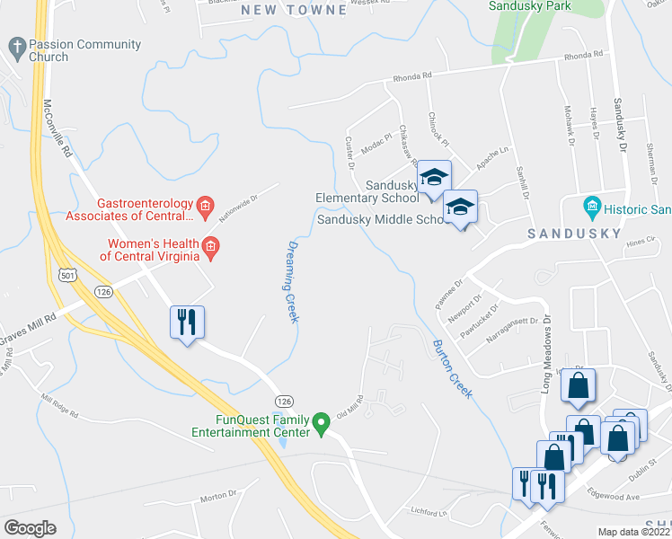 map of restaurants, bars, coffee shops, grocery stores, and more near 6100 Old Mill Road in Lynchburg