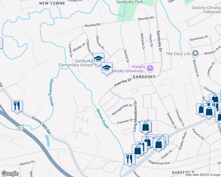 map of restaurants, bars, coffee shops, grocery stores, and more near 6125 Pawnee Drive in Lynchburg