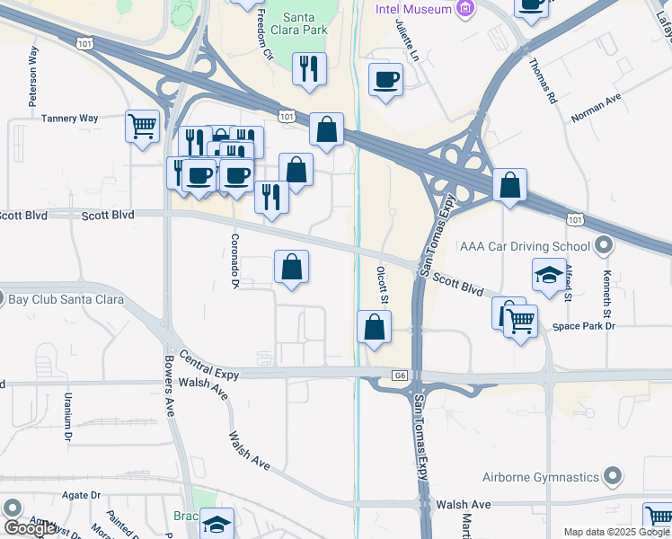 map of restaurants, bars, coffee shops, grocery stores, and more near 3236 Scott Boulevard in Santa Clara