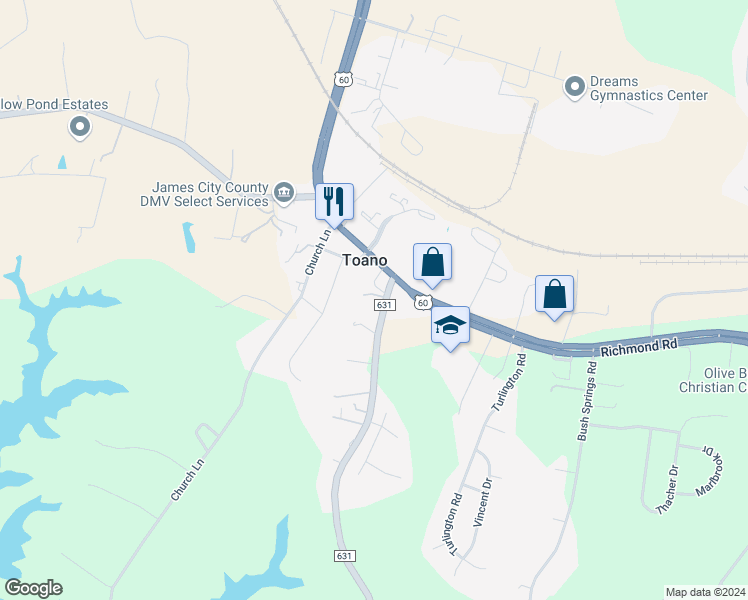 map of restaurants, bars, coffee shops, grocery stores, and more near 3456 Chickahominy Road in Toano