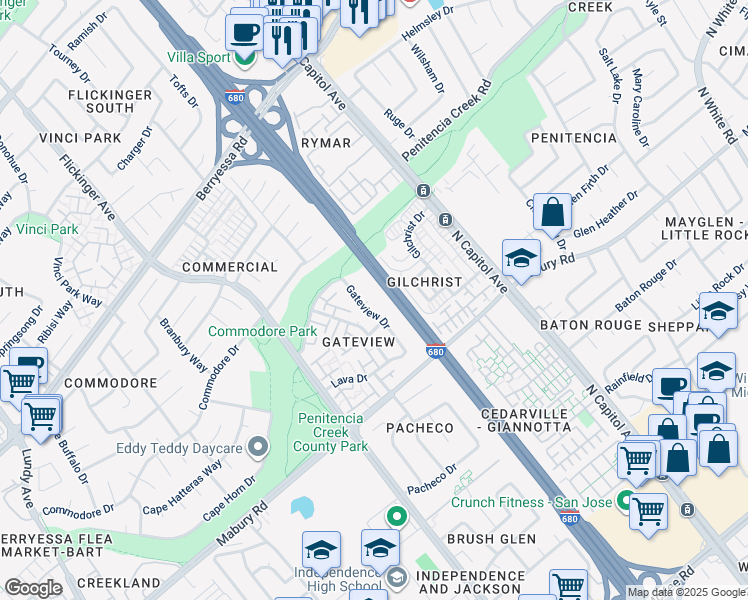 map of restaurants, bars, coffee shops, grocery stores, and more near 830 Antero Court in San Jose