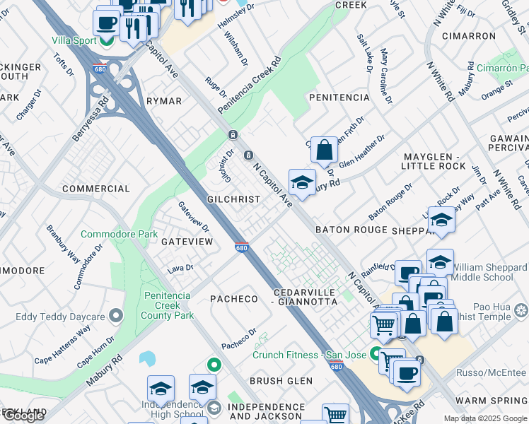 map of restaurants, bars, coffee shops, grocery stores, and more near 2575 Las Palmas Way in San Jose