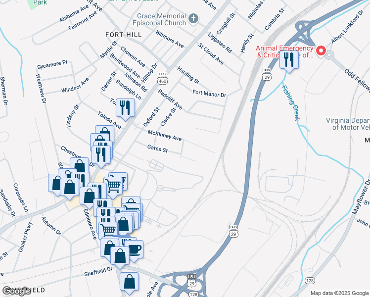 map of restaurants, bars, coffee shops, grocery stores, and more near 4906 Dodd Street in Lynchburg