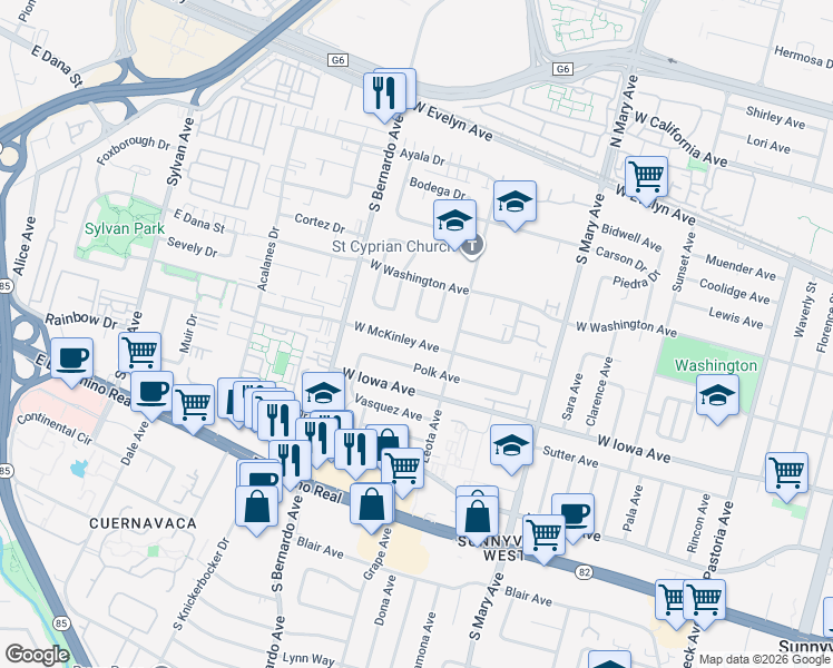 map of restaurants, bars, coffee shops, grocery stores, and more near 1141 West McKinley Avenue in Sunnyvale