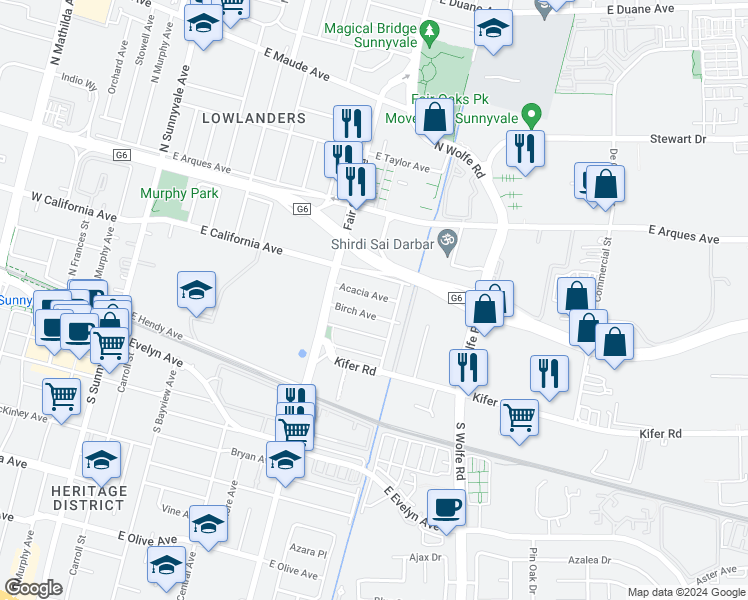 map of restaurants, bars, coffee shops, grocery stores, and more near 860 Acacia Avenue in Sunnyvale