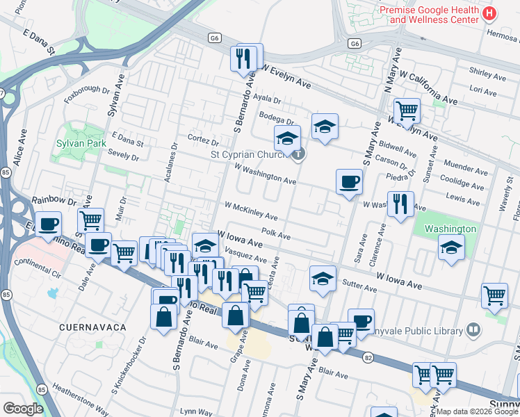 map of restaurants, bars, coffee shops, grocery stores, and more near 1141 West McKinley Avenue in Sunnyvale