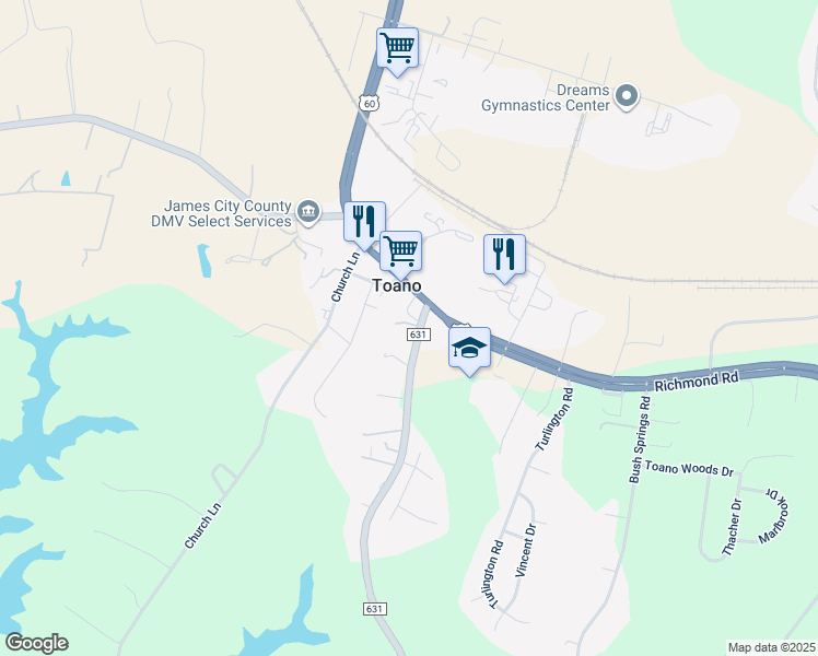 map of restaurants, bars, coffee shops, grocery stores, and more near 3456 Chickahominy Road in Toano