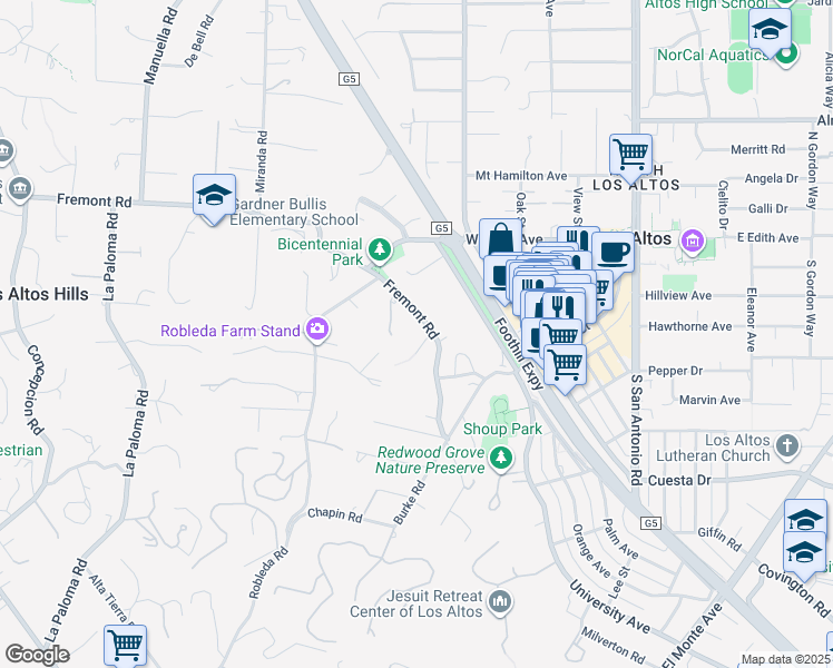 map of restaurants, bars, coffee shops, grocery stores, and more near 13801 Templeton Place in Los Altos Hills