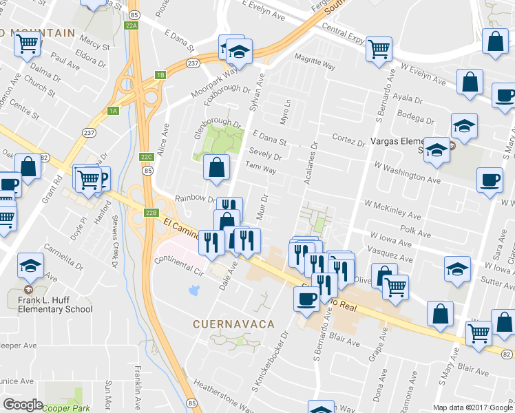 map of restaurants, bars, coffee shops, grocery stores, and more near 720 Muir Drive in Mountain View