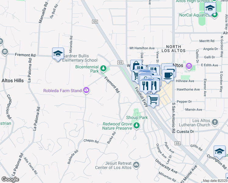 map of restaurants, bars, coffee shops, grocery stores, and more near 13801 Templeton Place in Los Altos Hills