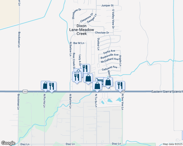 map of restaurants, bars, coffee shops, grocery stores, and more near 1432 Matlick Lane in Bishop