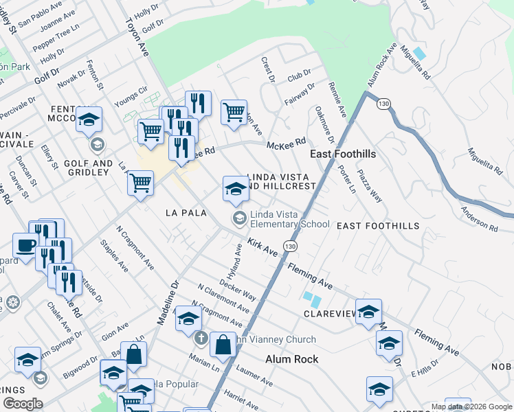 map of restaurants, bars, coffee shops, grocery stores, and more near 87 Gordon Avenue in San Jose