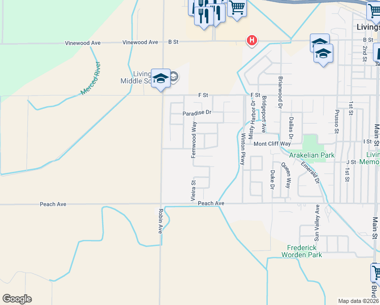 map of restaurants, bars, coffee shops, grocery stores, and more near 1301 Fernwood Way in Livingston