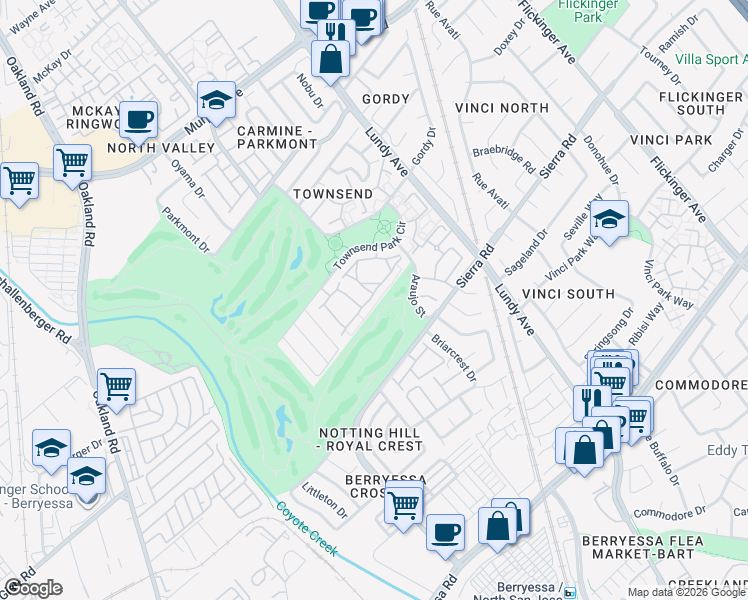 map of restaurants, bars, coffee shops, grocery stores, and more near 1735 Parkview Green Circle in San Jose