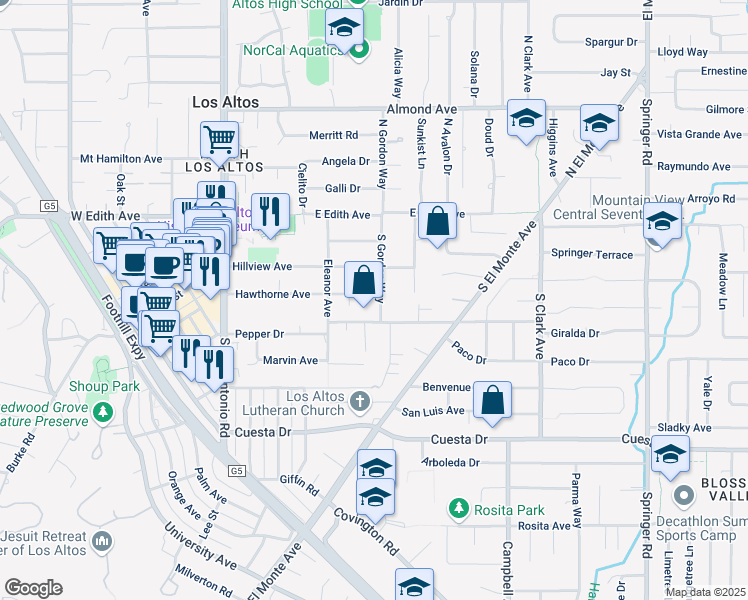 map of restaurants, bars, coffee shops, grocery stores, and more near 220 South Gordon Way in Los Altos