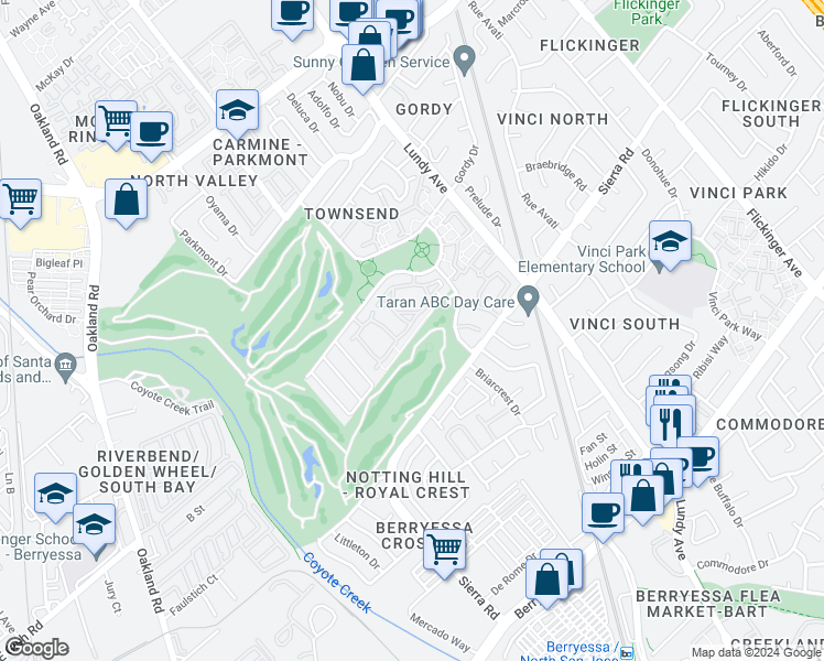 map of restaurants, bars, coffee shops, grocery stores, and more near 1735 Parkview Green Circle in San Jose