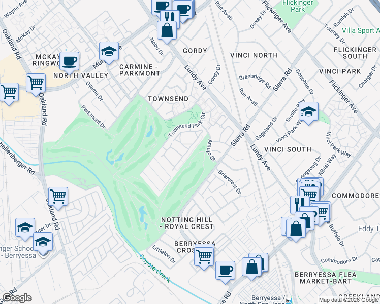map of restaurants, bars, coffee shops, grocery stores, and more near 1745 Parkview Green Circle in San Jose