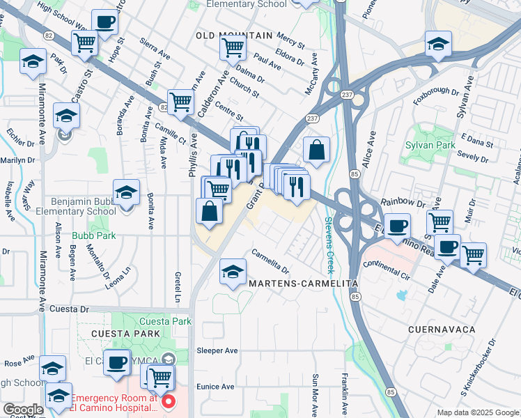 map of restaurants, bars, coffee shops, grocery stores, and more near 119 Post Street in Mountain View