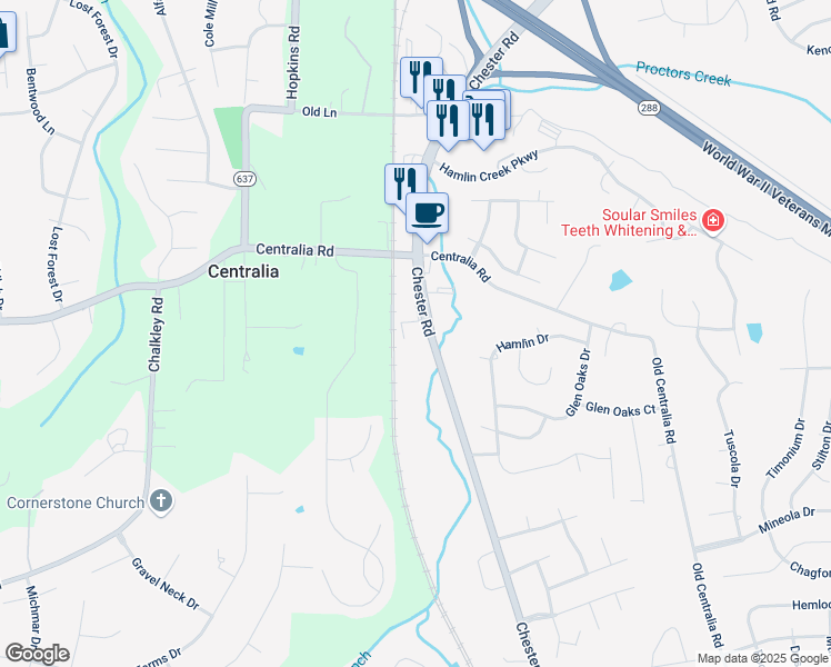 map of restaurants, bars, coffee shops, grocery stores, and more near 10450 Chester Rd in Chester