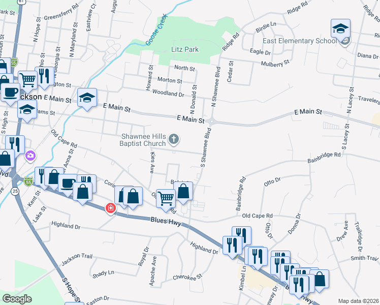 map of restaurants, bars, coffee shops, grocery stores, and more near 1320 Brandom Street in Jackson