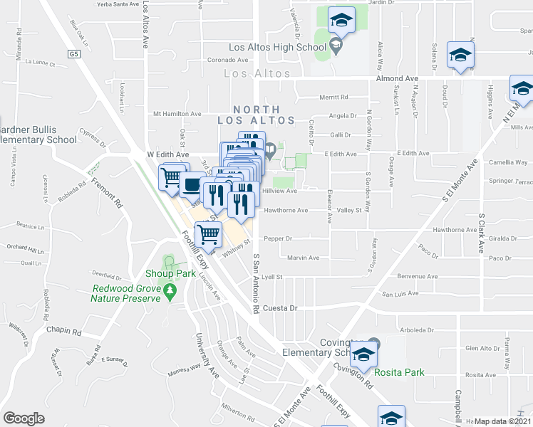 map of restaurants, bars, coffee shops, grocery stores, and more near 40 Hawthorne Avenue in Los Altos