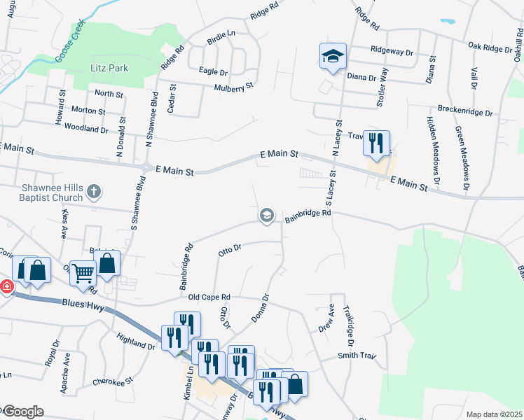 map of restaurants, bars, coffee shops, grocery stores, and more near 566 Ann Drive in Jackson