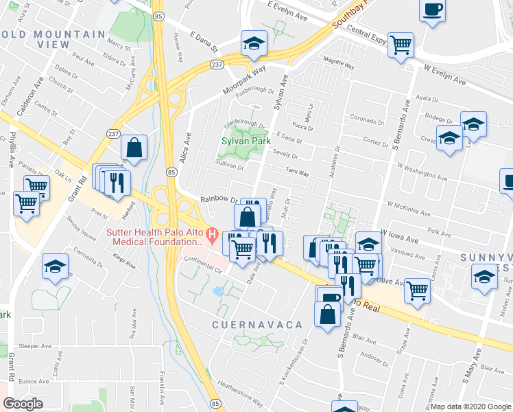 map of restaurants, bars, coffee shops, grocery stores, and more near 721 Sylvan Avenue in Mountain View