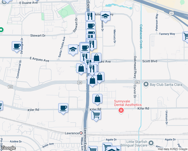 map of restaurants, bars, coffee shops, grocery stores, and more near 1214 Apollo Way in Sunnyvale