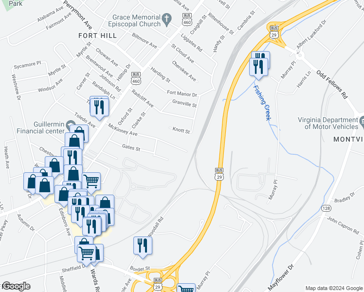 map of restaurants, bars, coffee shops, grocery stores, and more near 1624 McKinney Avenue in Lynchburg