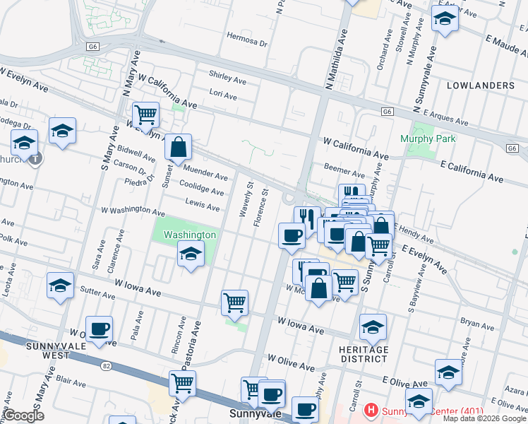map of restaurants, bars, coffee shops, grocery stores, and more near 152 Florence Street in Sunnyvale
