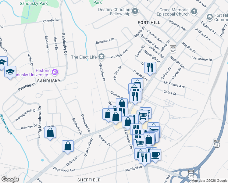 map of restaurants, bars, coffee shops, grocery stores, and more near 1108 Chestnut Hill Drive in Lynchburg